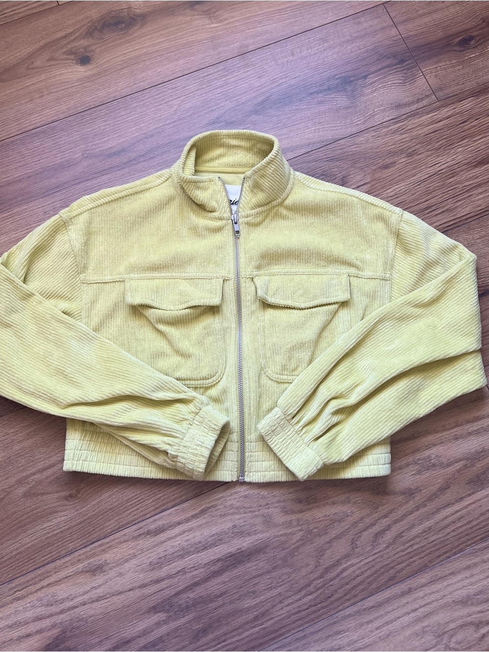 Aerie Groove On Velour Full Zip Crop Jacket Lemon Lime Ribbed